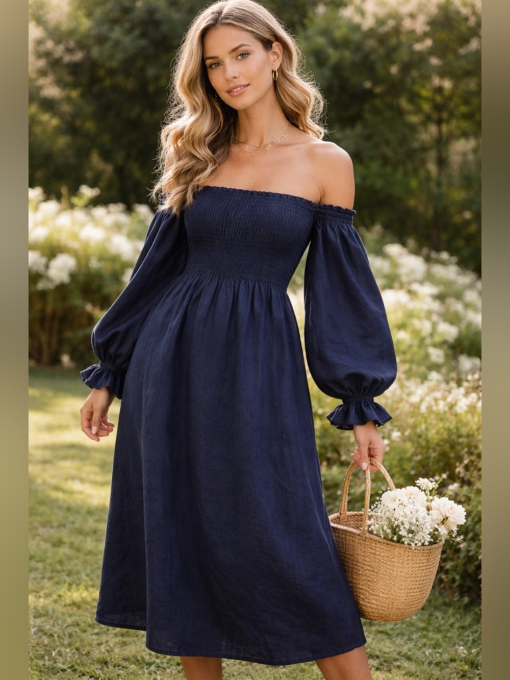 Sleeper Atlanta Linen Midi Dress Navy Off Shoulder Poetcore Langenlook Romantic